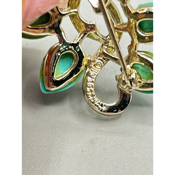 Vintage Mid Century Aqua Blue Leaf Gold Tone Pin Brooch Statement Pin - Picture 5 of 6